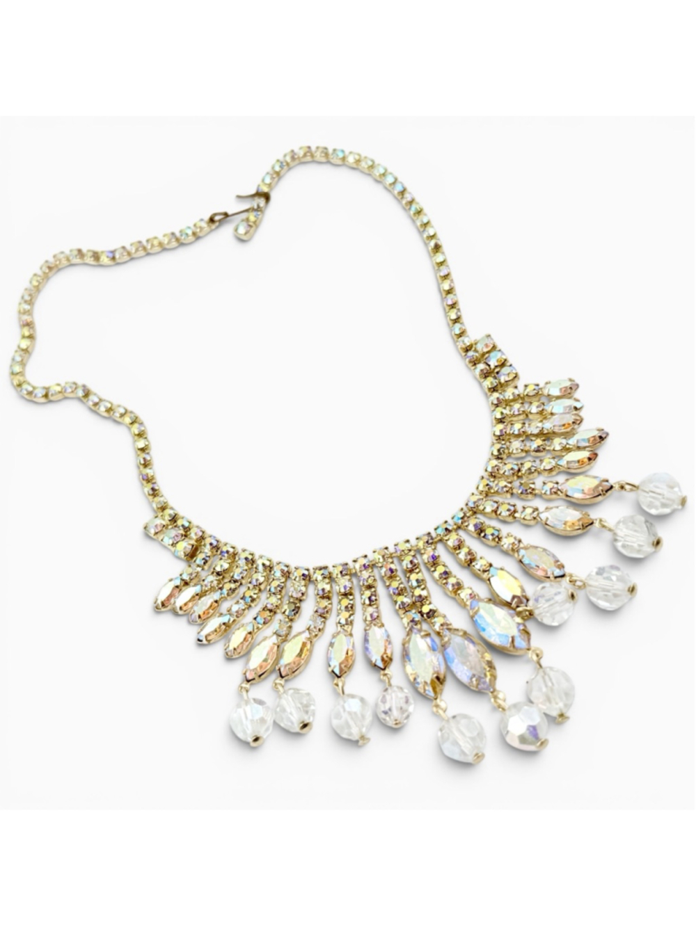 Vintage Aurora Borealis Rhinestone Necklace Gold Tone Fringe Bib Austrian Style - Picture 8 of 9